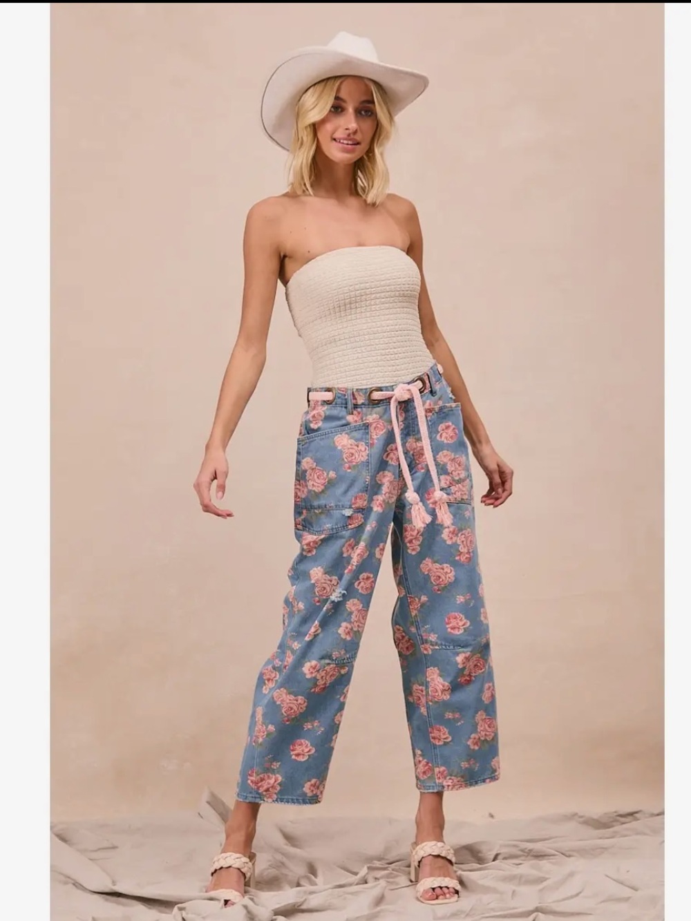 BiBi Blue Denim Ankle Floral Crop Pants with Pink Rose Print - Picture 2 of 5